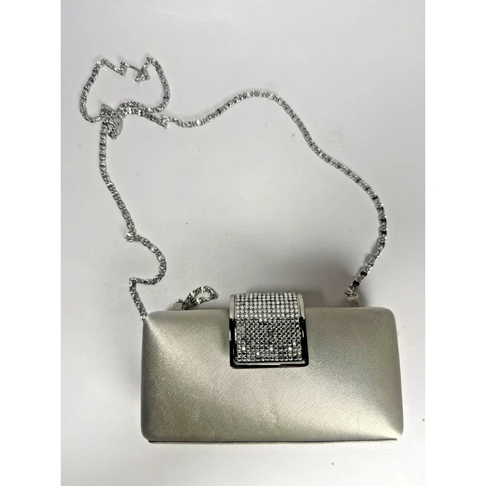 Carlo Fellini Silver Satin Evening Clutch Bag Rhinestone Crystal Buckle
